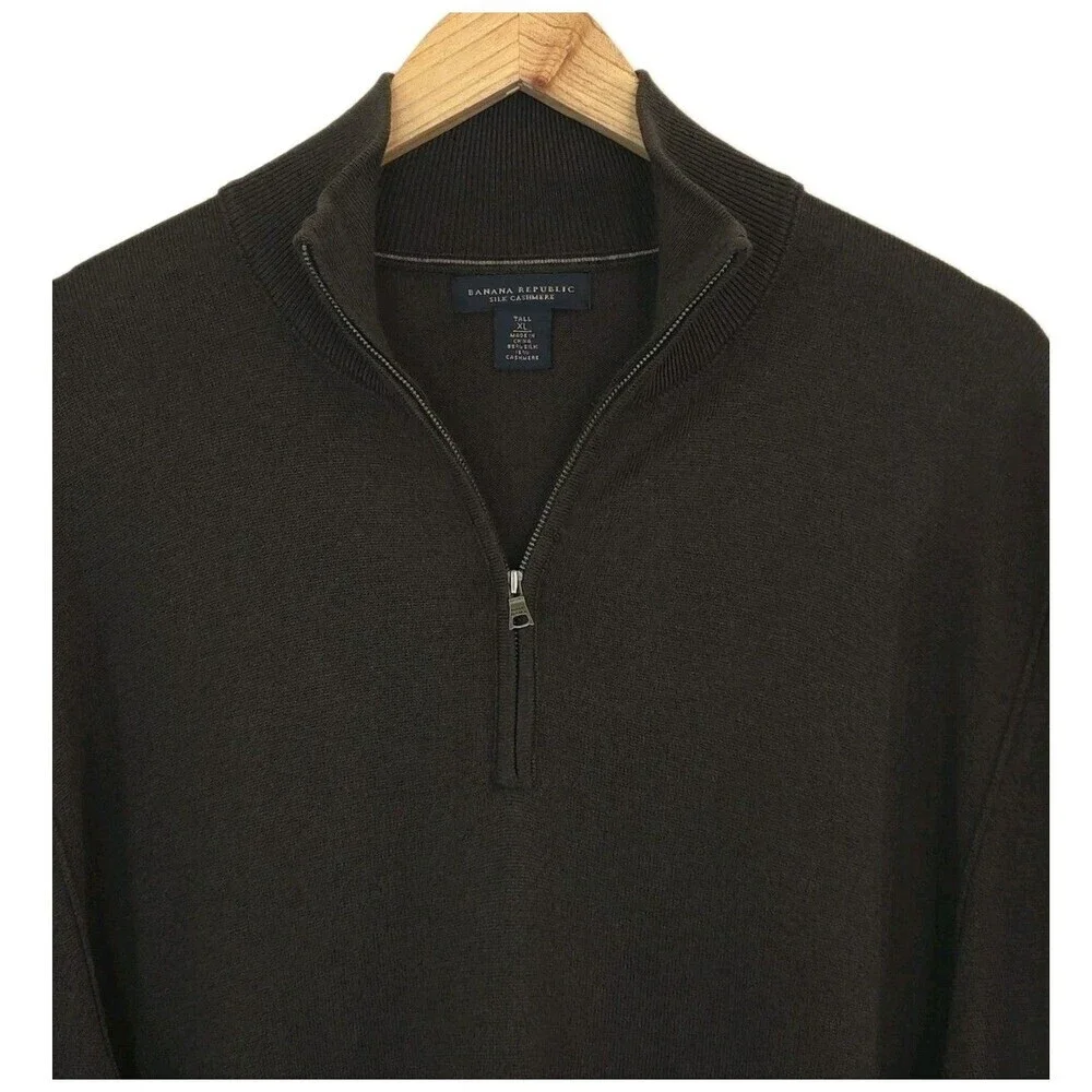 Banana Republic Silk Cashmere Quater Zip Sweater Men's XL Tall Brown Knit